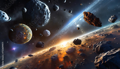 Asteroids in outer space. Cosmos astronomical background.