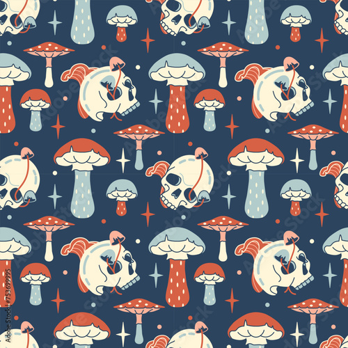 Vintage trippy seamless pattern with mushrooms and skull. Playful vision, floral tricky backdrop. Dark night background with fungi, toadstools and agaric.