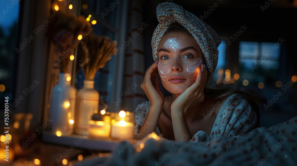 young woman doing her skincare routine at night, skin cleansing