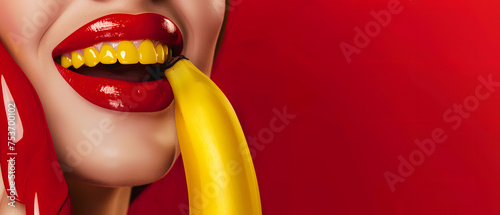 Close-up of sexy Woman Biting Banana. A close-up shot of a woman with red lipstick biting a banana on a vibrant yellow background, copy space. photo