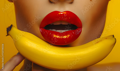 Close up of woman with red lips biting vibrant yellow banana, showcasing beautiful lips and makeup.