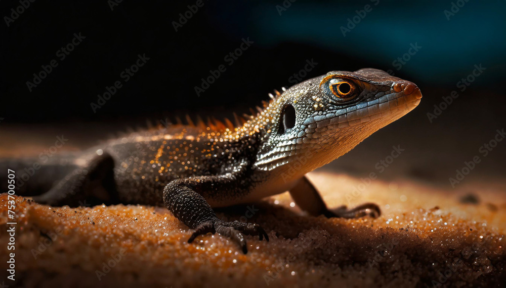  lizard on the sandy shore , dark background