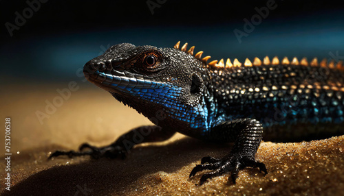  lizard on the sandy shore , dark background