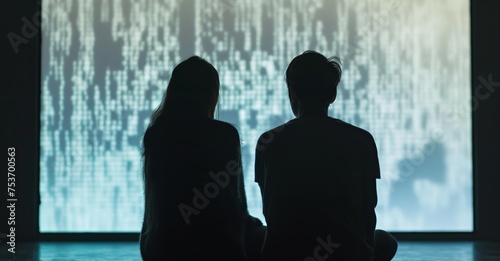 Man and woman sitting and looking at code on white screen, dark background, photo background