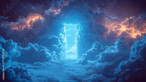 The doorway opens in the blue clouds. photo