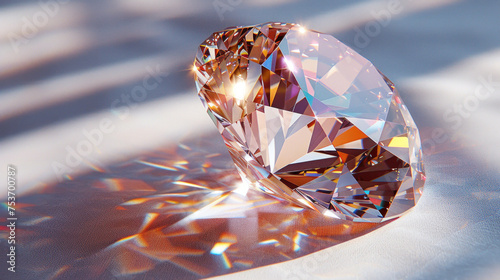 A diamond  Sparkling light round brilliant cut diamond with shadow and glowing lens flares isolated on white background.