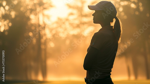 Silhouette of a female golfer standing contemplatively on the course during a serene, misty sunrise..
