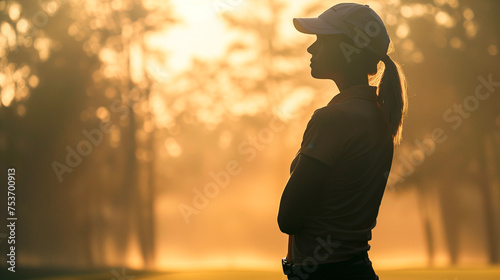 Silhouette of a female golfer standing contemplatively on the course during a serene, misty sunrise..