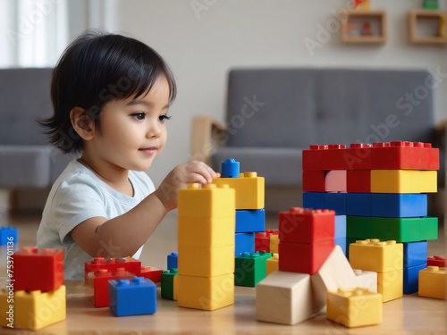 A young child playing with building blocks at home, kindergarten, daycare, or nursery.
