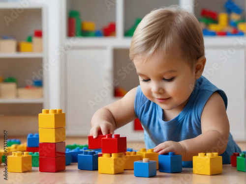 A young child playing with building blocks at home, kindergarten, daycare, or nursery.