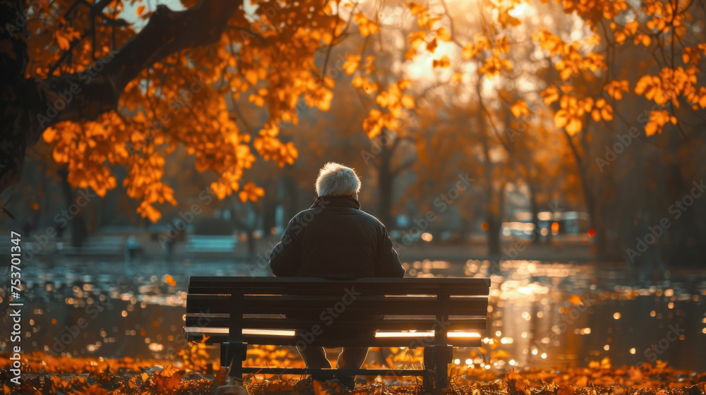 Alone senior is sitting on a bench in the park. - obrazy, fototapety, plakaty 