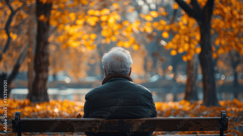 Alone senior is sitting on a bench in the park.