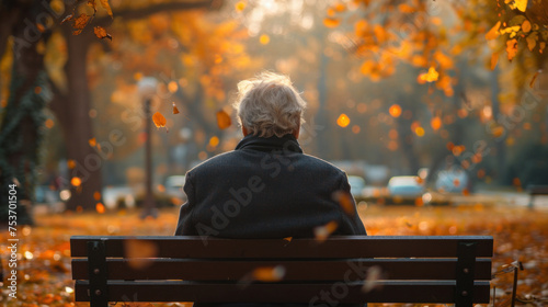 Alone senior is sitting on a bench in the park.