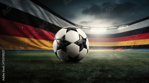 Soccer ball on grass with Germany flag background. Concept of 2024 UEFA European Football Championship