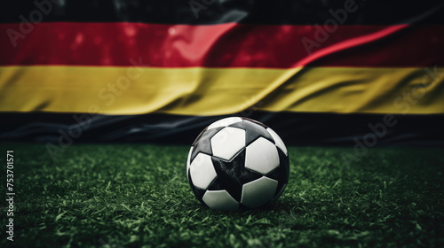 Soccer ball on grass with Germany flag background. Concept of 2024 UEFA European Football Championship