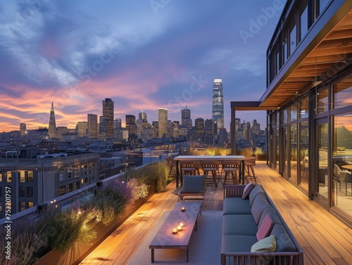 An office building with a sprawling rooftop terrace offering panoramic views of the city skyline