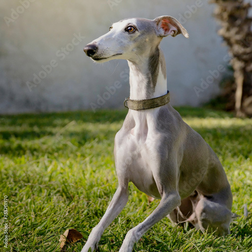 This picture features a very stylish white and gray Italian Greyhound sitting on a grassy field.