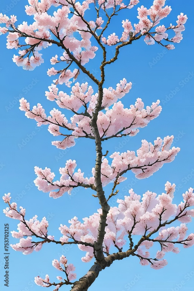 Pink Chinese or saucer magnolia flowers, Magnolia x soulangeana, against a blue sky Pink Chinese or saucer magnolia flowers, Magnolia x soulangeana, against a blue sky