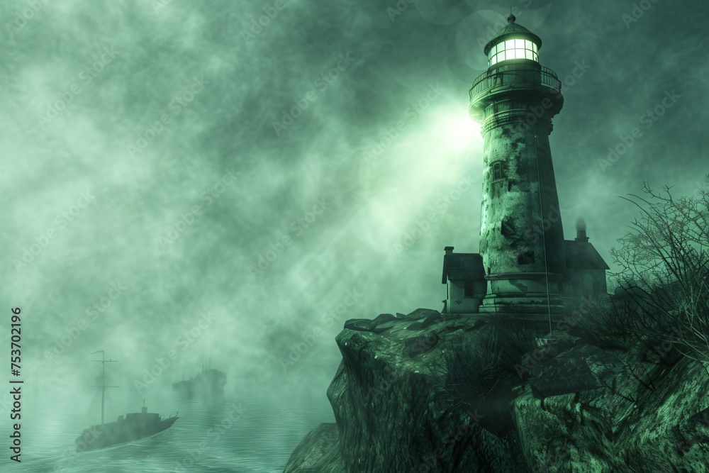 Eerie lighthouse on a cliff casting a pale green beam into the fog guiding ghost ships to safe harbor