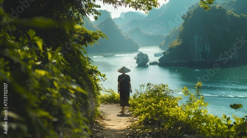 Woman Walking Down a Path Near Waters in Vietnam
