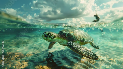  Serene Ocean Encounter: Turtle Swimming Alongside a Person, Captured Through Generative AI