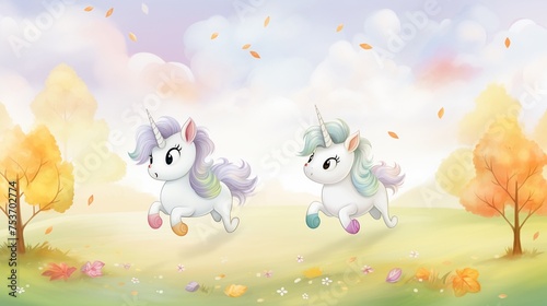 Baby unicorns racing in a meadow with colorful trees marking the track and fluffy clouds cheering