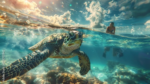  Serene Ocean Encounter  Turtle Swimming Alongside a Person  Captured Through Generative AI