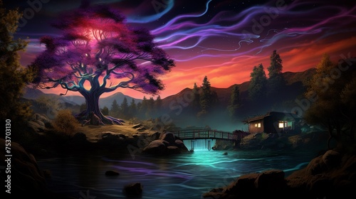 Dreamy glow over a cyberdelic river an acidwave tree and home standing in timeless twilight photo