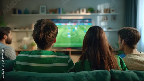 Group of friends in green and white T-shirts watching soccer match on tv in living room at home