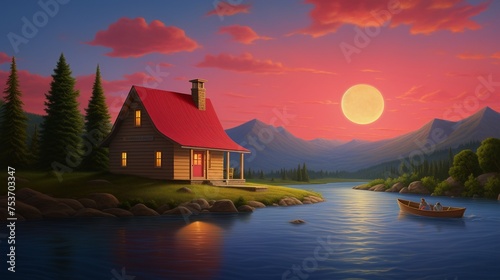 In the heart of wilderness a river reflects the dark and red symphony of twilight a home and a clock standing as timeless witnesses