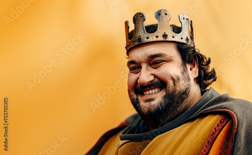 A man in medieval attire laughs heartily, wearing a simple golden crown, set before a warm backdrop photo