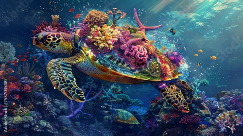 Giant sea turtle carrying an enchanted coral garden on its back wandering through the kaleidoscopic depths of the colorful ocean © Sara_P