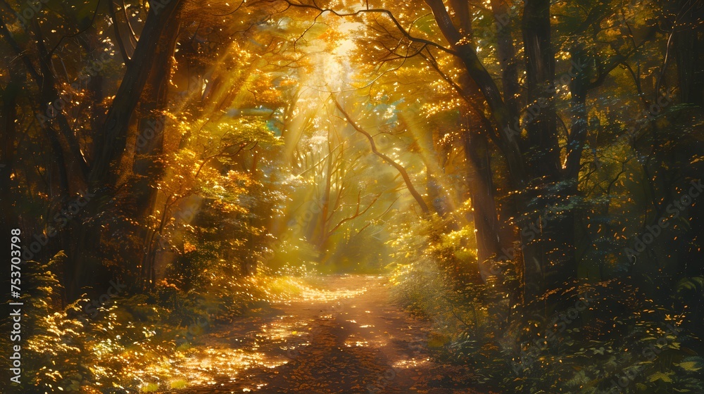 A serene forest path is illuminated by warm sunrays piercing through the vibrant autumn foliage. - obrazy, fototapety, plakaty 