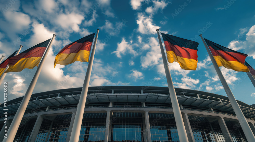 German flags waving in front of the German National Stadium. Concept of 2024 UEFA European Football Championship - obrazy, fototapety, plakaty 