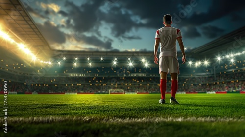 Soccer player on the field of stadium at night. Football concept