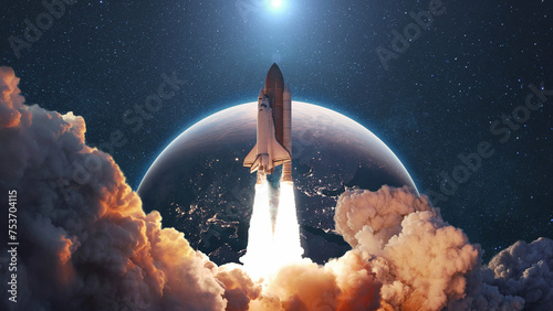 Rocket lift off. Space shuttle with smoke and blast takes off into space on a background of blue planet earth with sunlight. Successful start of a space mission. Travel to Mars