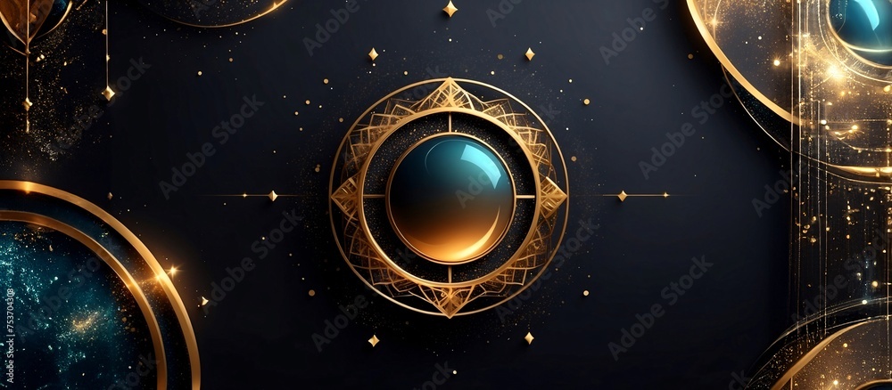 Abstract black circle shape with golden glowing frame and glitters. Luxurious,