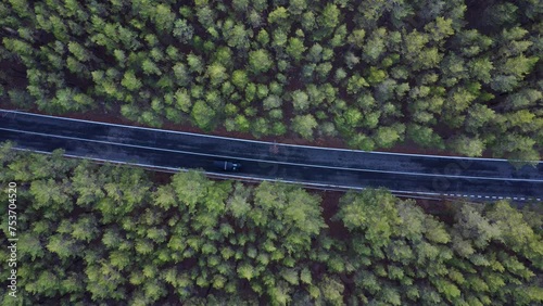 An aerial view of a black car driving along a road in the middle of a dense autumn forest, a top view from a drone of a beautiful pine forest, an atmospheric car journey. photo