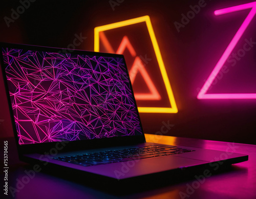 high-tech modern black gaming laptop on  a desk with a colorful neon background