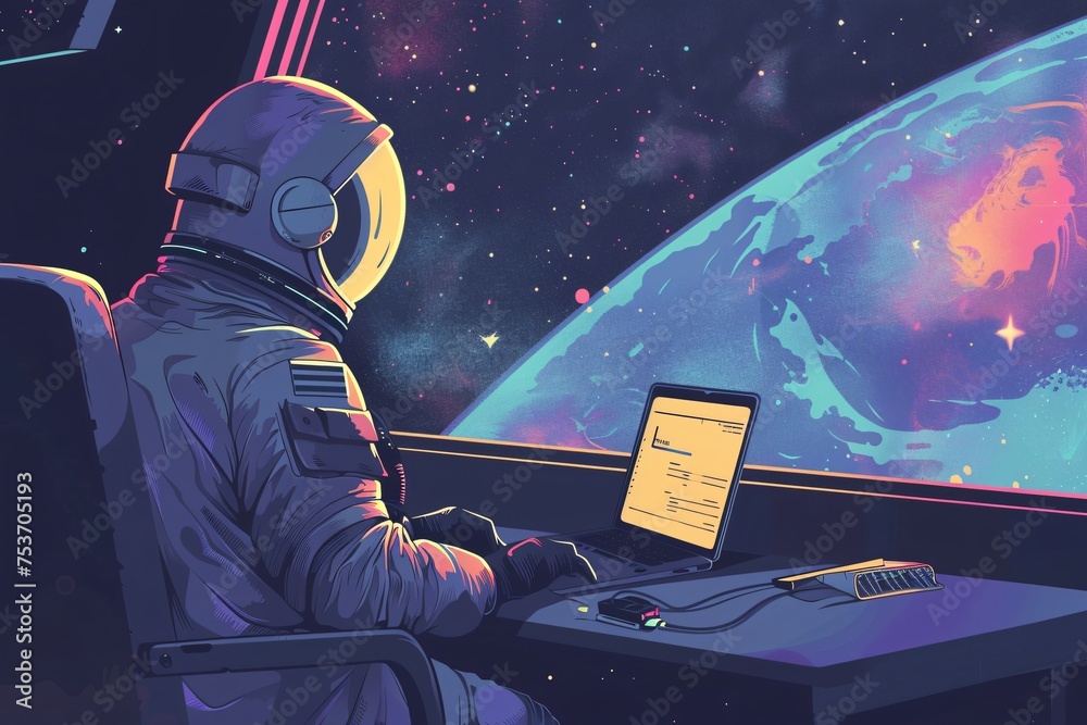 Fototapeta premium Laptop on an astronauts desk preparing a presentation about space exploration stars visible through a window in a cosmic art style