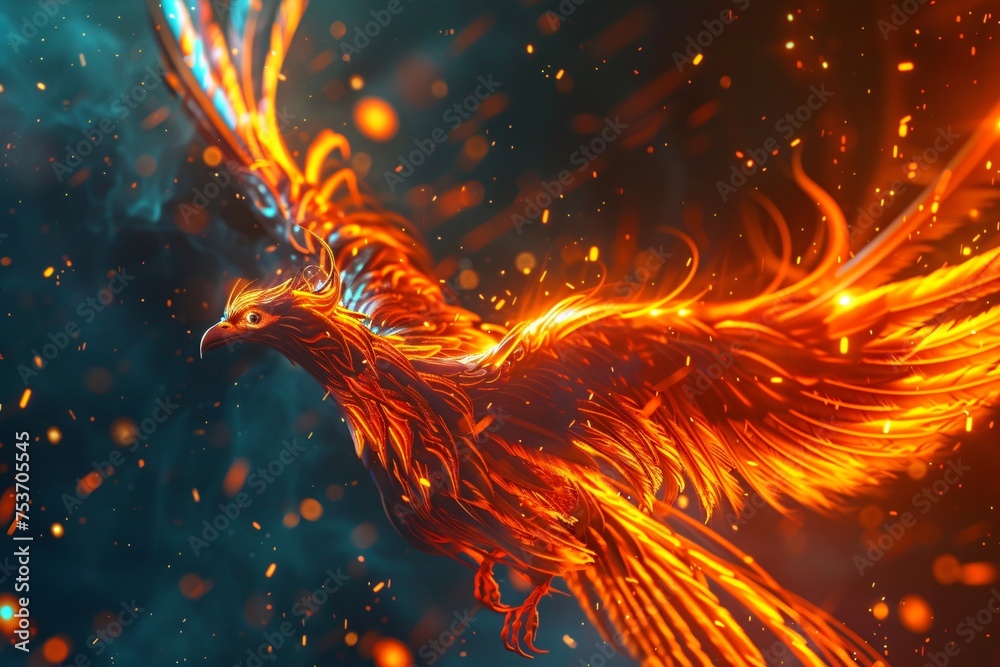 Majestic phoenix rebirth feathers ablaze with a fiery orange glow rising from the ashes of its predecessors - obrazy, fototapety, plakaty 