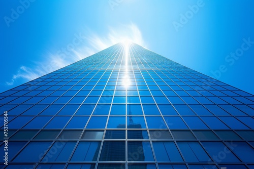 The blue glass office tower rises majestically towards the sky