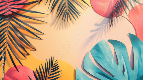 Frame of tropical leaves on orange background. Summer wallpaper. Top view, copy space. 