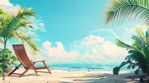 Wooden sun lounger on beach under palm near ocean. Summer rest. Copy space. 