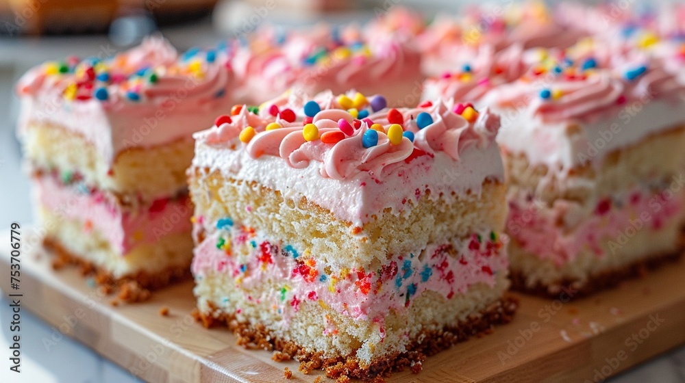 Gourmet birthday cake slices with colorful frosting ready for a memorable moment Gourmet birthday cake slices with colorful frosting ready for a memorable moment