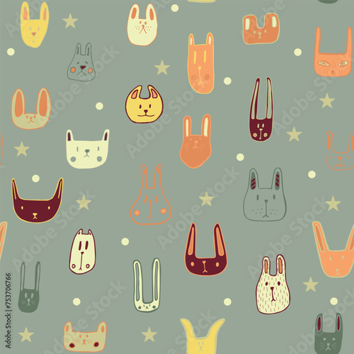 Color cute muzzles of cats, mice, rabbits. Seamless pattern with little animals. Cute baby pattern with fluffies. Vector illustration.