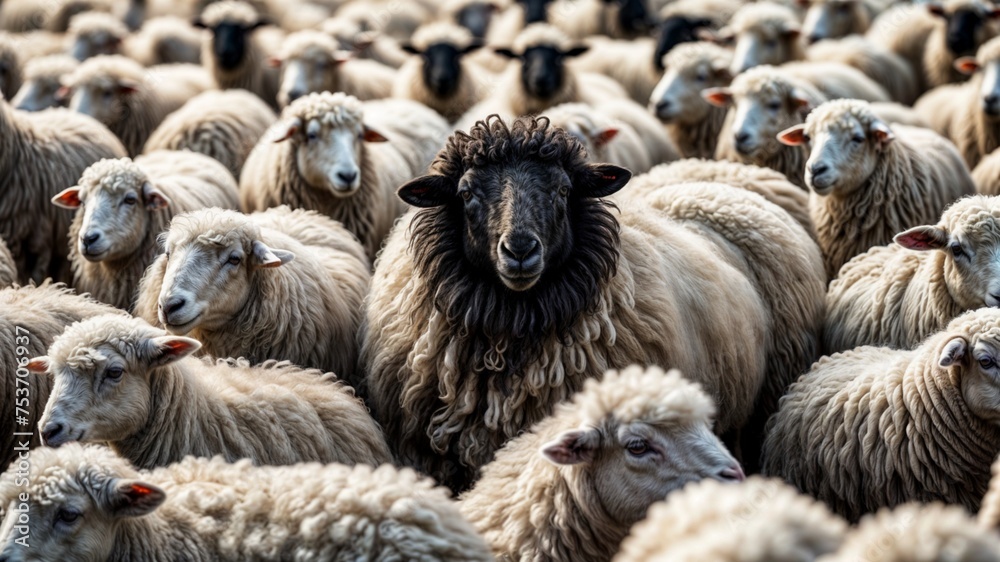 A black sheep among a flock of white sheep, raising head as a leader - Concept of standing out from the crowd, of being different and unique with its own identity and special skills among the others A black sheep among a flock of white sheep, raising head as a leader - Concept of standing out from the crowd, of being different and unique with its own identity and special skills among the others