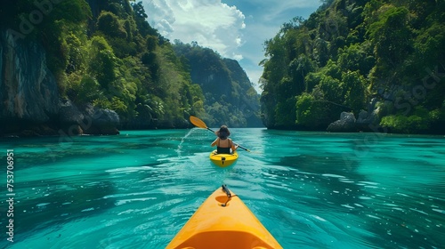 Man Kayaking in Exotic Fantasy Landscape of Thailand © vanilnilnilla