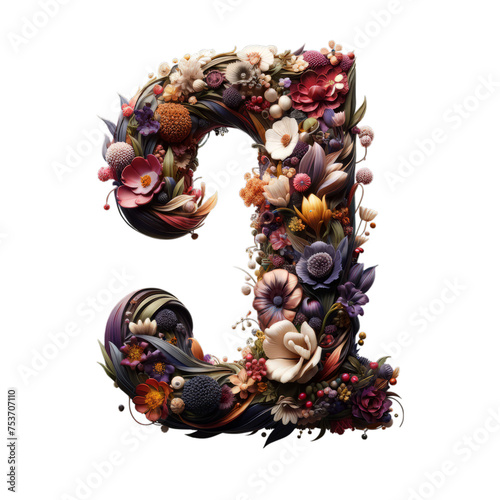 A detailed floral and botanical styled number 1 ideal for Earth Day graphic design concepts