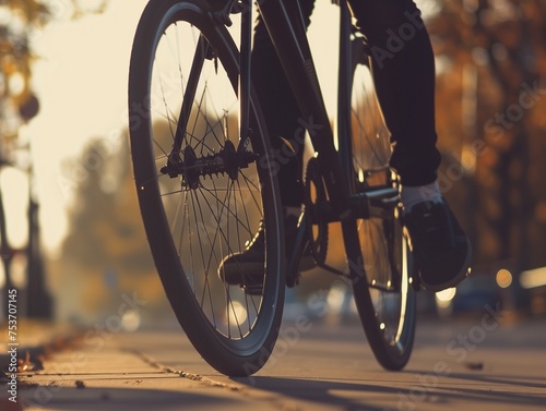 Bike at the summer sunset on the tiled road in the city park. Cycle closeup wheel on blurred summer background. Cycling down the street to work at summer sunset. Bicycle and ecology lifestyle concept